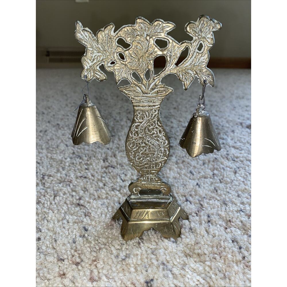 Vintage Solid Brass Bell Stand With Double Bells & Engraved Designs Chinese